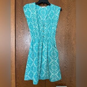 Everly Turquoise and White Geometric Fit-and-Flare Dress